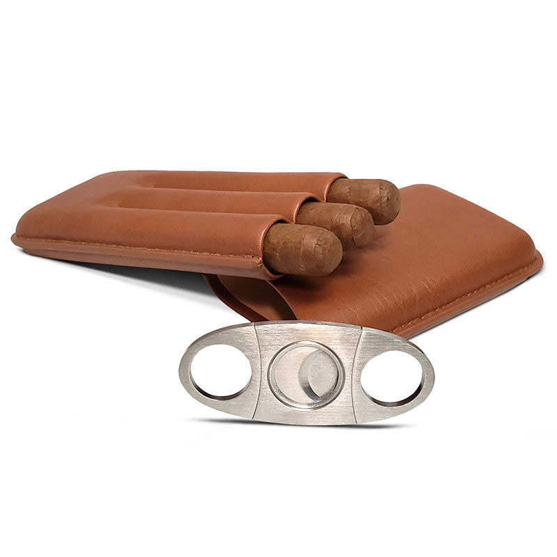 De-bossed Leather Travel Cigar Case with Cutter